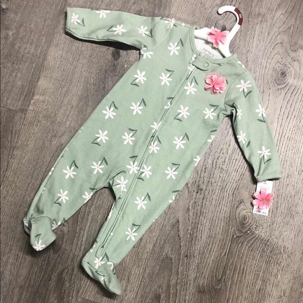 Mint Green Floral Footed One-Piece with Pink Flower Accent